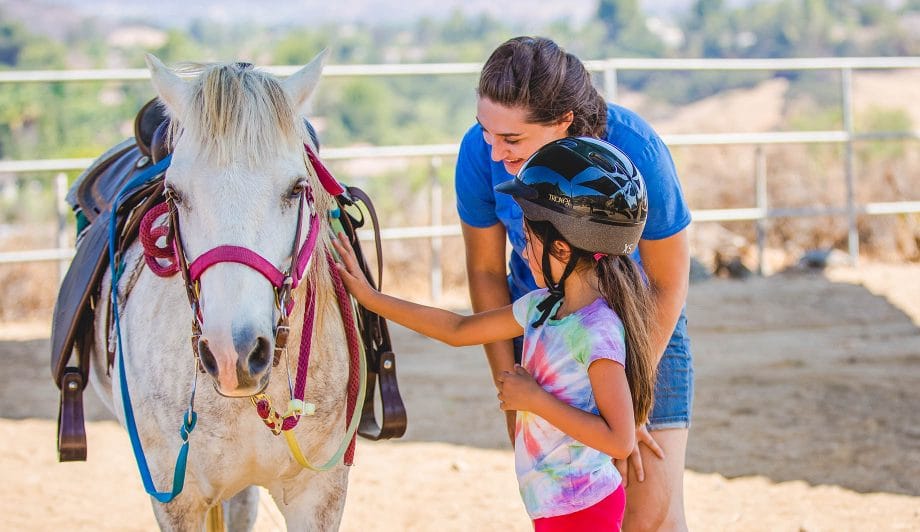 Camper petting a pony