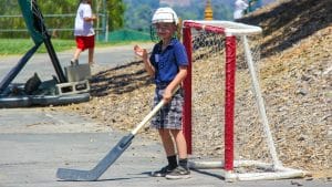 Camper being the hockey goaly