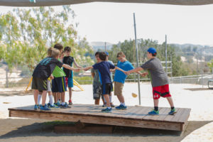 Campers balancing on balance board