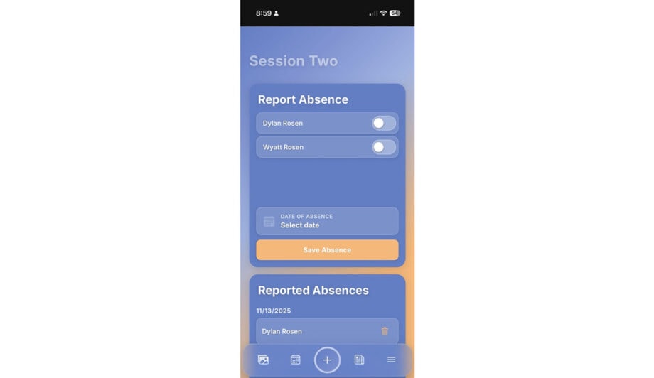 Mobile app screen showing "Report Absence" options for Dylan Rosen and Wyatt Rosen, a date selection, and a "Save Absence" button. Below is a list of reported absences with dates.