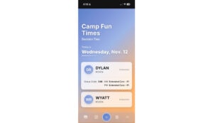 Mobile app screen displaying camp schedule for "Camp Fun Times, Session Two" on Wednesday, Nov. 12, with scheduled extended care for Dylan Rosen and Wyatt Rosen.
