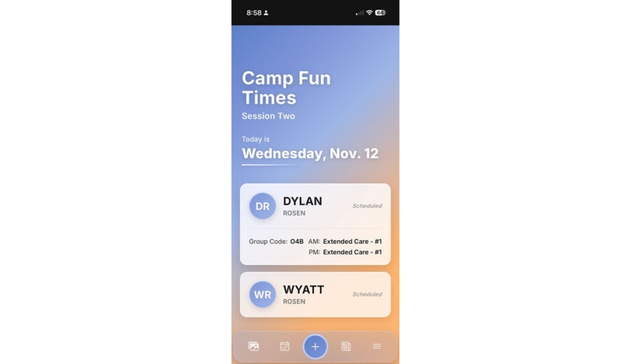 Mobile app screen displaying camp schedule for "Camp Fun Times, Session Two" on Wednesday, Nov. 12, with scheduled extended care for Dylan Rosen and Wyatt Rosen.