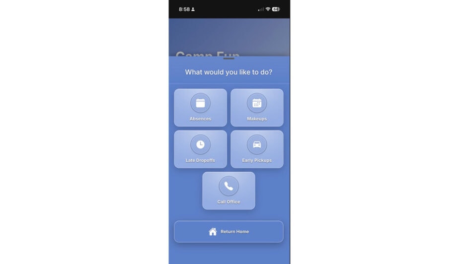 A mobile app screen displays options: Absences, Makeups, Late Dropoffs, Early Pickups, Call Office, and Return Home, with the time and battery icon at the top.