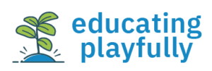 A simple plant illustration next to the blue text "educating playfully" on a light background.