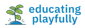 A simple graphic of a plant sprouting from the ground next to the blue text “educating playfully” on a white background.