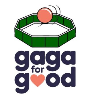 Illustration of a gaga ball pit with a ball above it, and the words "gaga for good" below, with a heart symbol replacing the second "o" in "good".