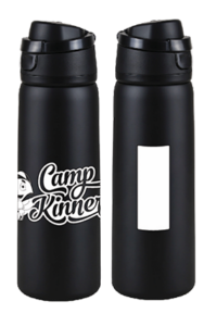 Two black insulated water bottles; one shows "Camp Kinner" with a graphic, the other is plain with a blank white rectangle.