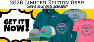 Display of 2026 limited edition Camp Kinneret gear including hoodies, t-shirts, caps, and sweatshirts in various colors. Text advertises child and adult sizes available.