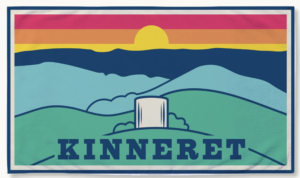 A stylized illustration of hills, a sunset, a white monument, and the word "Kinneret" in bold letters at the bottom.