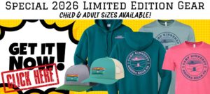 Promotional image for Camp Kinneret 2026 limited edition gear, showing hoodies, t-shirts, and hats in various colors and sizes for children and adults.