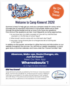 Camp Kinneret 2026 welcome page highlighting FAQs, new Whereabouts app for updates, and camp details with bright banners and accreditation badge.