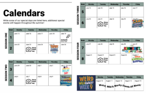 Camp activity calendar with two sessions showing special themed days each week, such as Jumpstart Camp, Topsyturvy Day, Group Photo Day, Olympics, and Weird, Wild & Wacky Events.