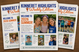 Three issues of the "Kinneret Highlights Weekly Edition" newsletter display summer camp updates, photos of smiling children, and headlines about camp activities and events for Summer 2026.