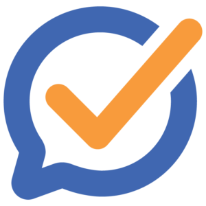 A blue speech bubble with an orange checkmark inside, symbolizing verification or approval.