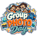 Cartoon illustration of four smiling kids posing for a photo with “Group Photo Day” text, surrounded by photo, camera, and star icons.