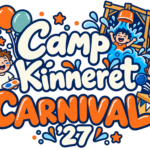 Cartoon kids with balloons, paint, water, and games surround bold text reading “Camp Kinneret Carnival ’27” in blue, orange, and white.
