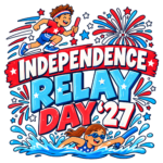 Cartoon illustration of a boy running with a baton, a girl swimming, fireworks, and the text “Independence Relay Day ’27” in bold red, white, and blue letters.